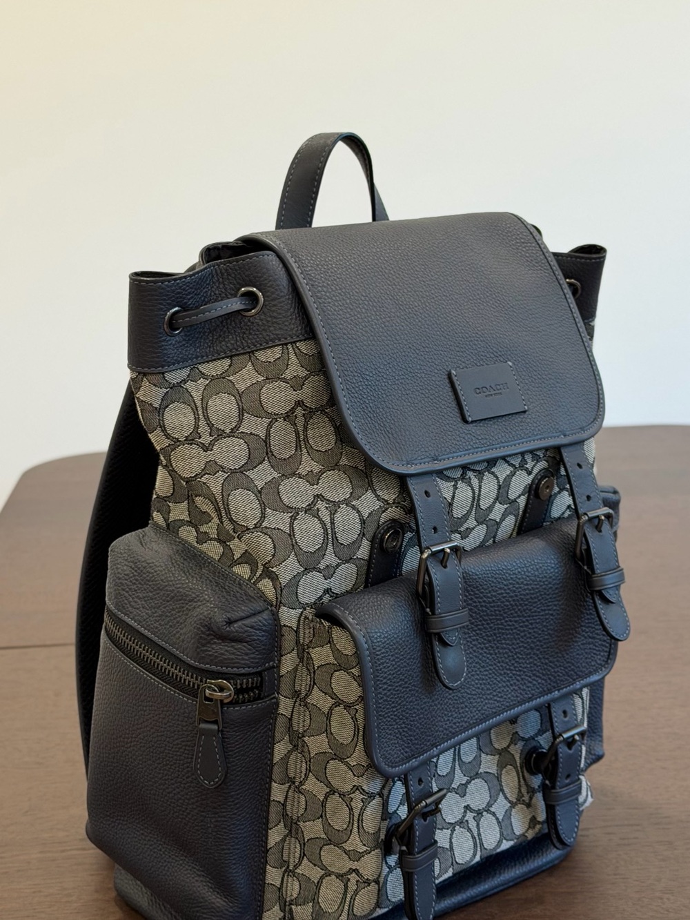 Coach Men’s Signature Jacquard Sprint Leather Backpack in Navy Blue